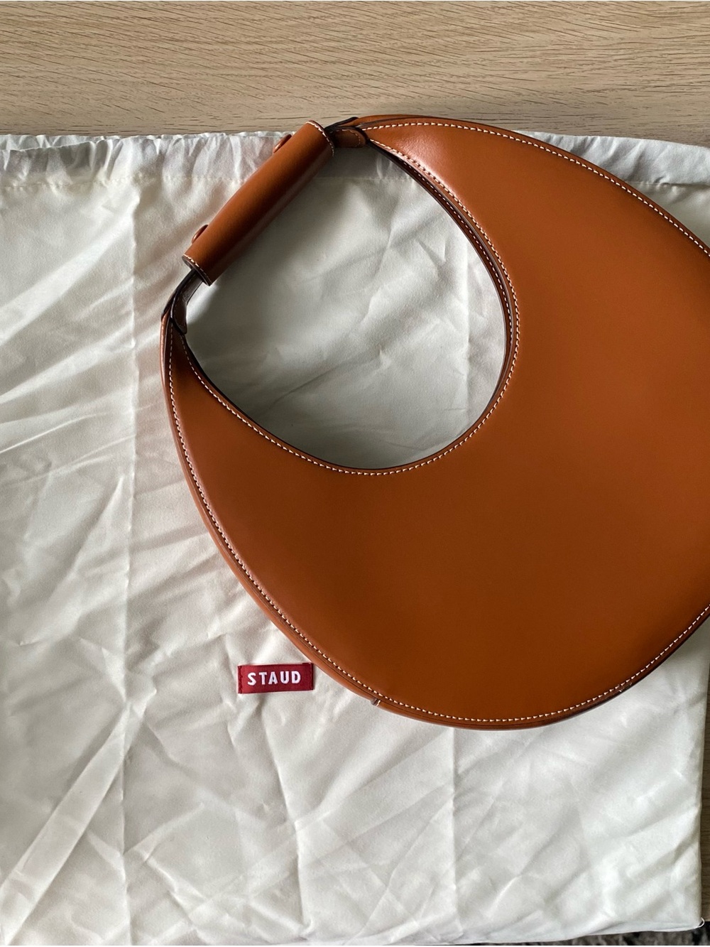 STAUD Tan Crescent Leather Moon Bag